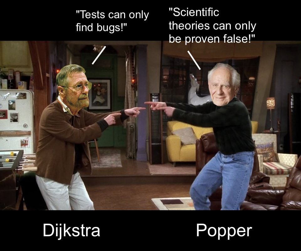 Edsger W. Dijkstra and Karl Popper pointing at each other in Friends' pointing meme